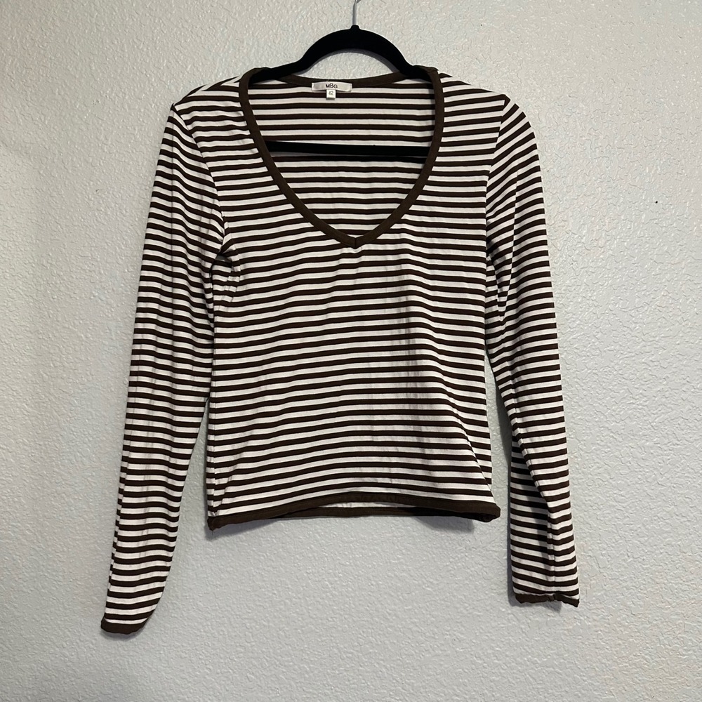 MBG Brown White Striped V-Neck Long Sleeve Top Size 42/Large Cotton Blend